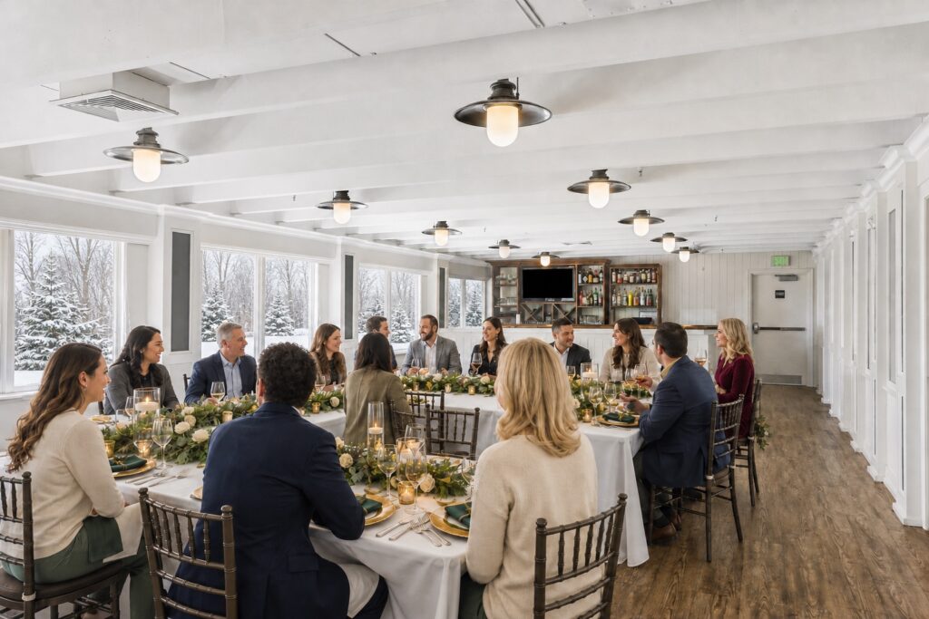 Holiday luncheon with guests seated by waterfront windows