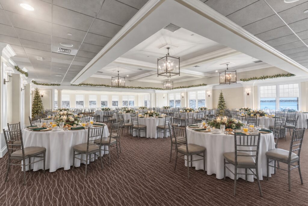 Waterfront ballroom set for a winter holiday brunch