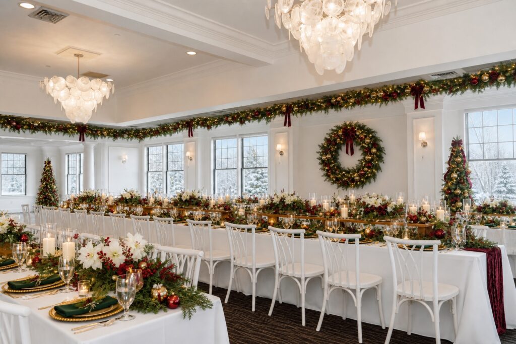 Ballroom with holiday garland, tables set for dinner