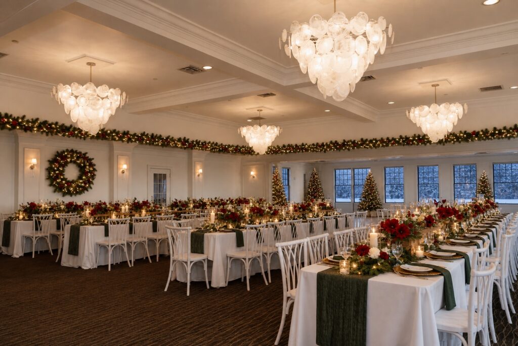 Ballroom set for a holiday gala dinner