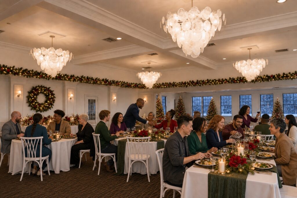 Coworkers at an evening holiday dinner reception