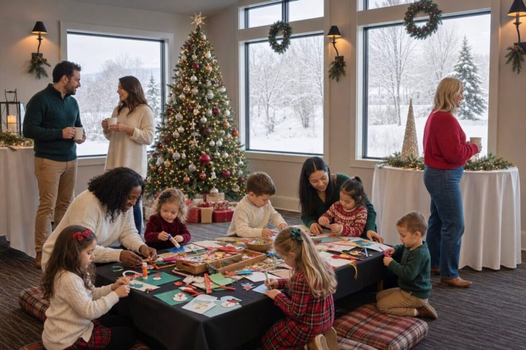 Families with children at a holiday craft table beside the Christmas tree