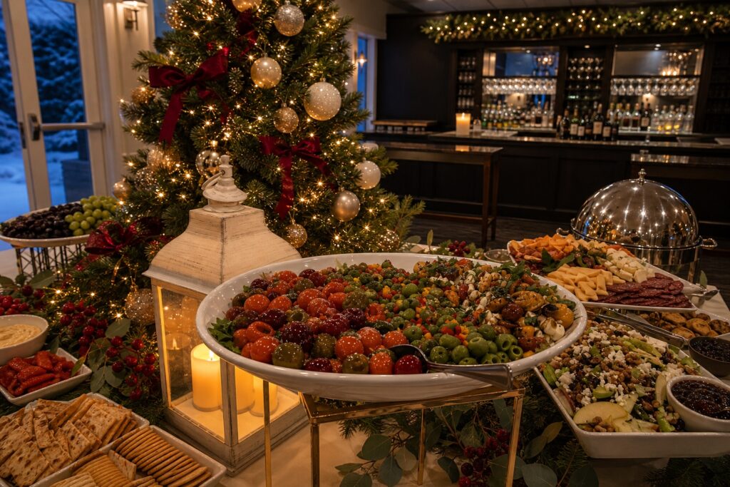 Holiday grazing buffet with candles and festive displays
